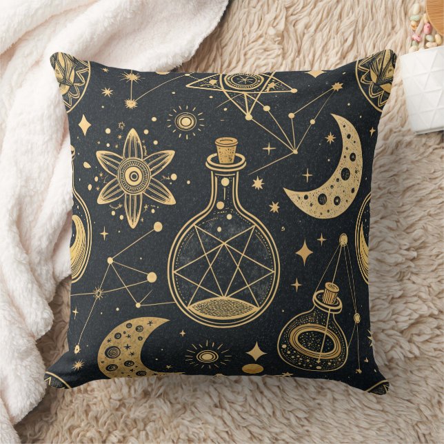 Celestial Witchcraft - Gold Moon, Potion Bottles 2 Throw Pillow (Blanket)