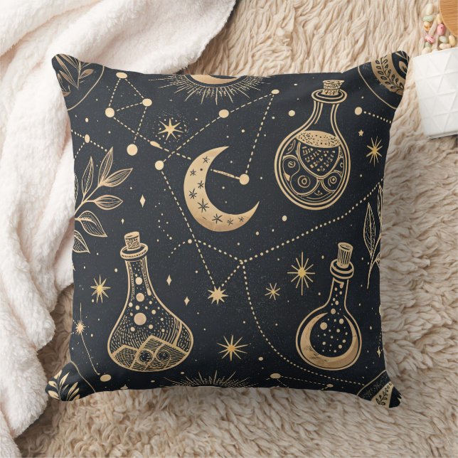 Celestial Witchcraft - Gold Moon, Potion Bottles Throw Pillow (Blanket)