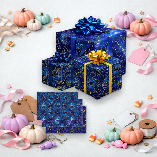 Celestial Witchy Black Cat Halloween Wrapping Paper Sheets