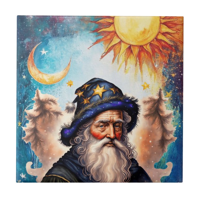 Celestial Wizard Sun and Moon Ceramic Tile (Front)