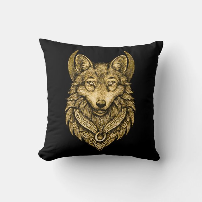 Celestial Wolf Moon Folk Art Accent Throw Pillow (Front)