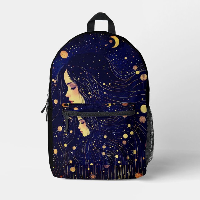 Celestial Woman Goddess Moon Stars Sky Printed Backpack (Front)