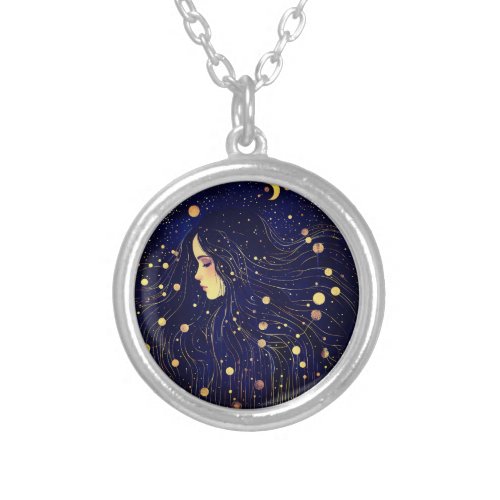 Celestial Woman Goddess Moon Stars Sky Silver Plated Necklace