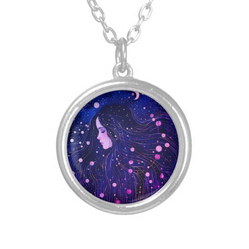 Celestial Woman Goddess Moon Stars Sky Silver Plated Necklace