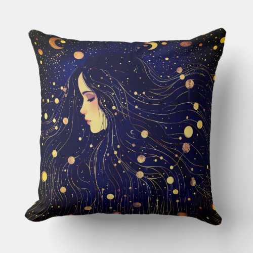 Celestial Woman Goddess Moon Stars Sky Throw Pillow