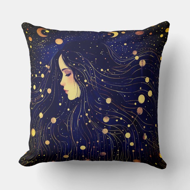 Celestial Woman Goddess Moon Stars Sky Throw Pillow (Front)