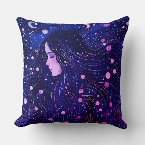 Celestial Woman Goddess Moon Stars Sky Throw Pillow