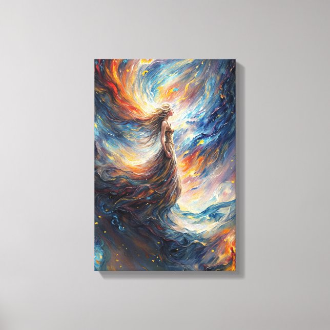 Celestial Woman in Fiery Cosmos Art Canvas Print (Front)