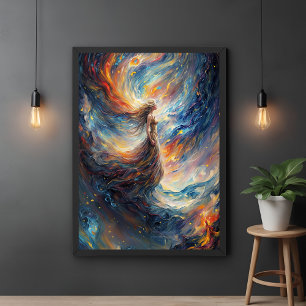 Celestial Woman in Fiery Cosmos Art Poster