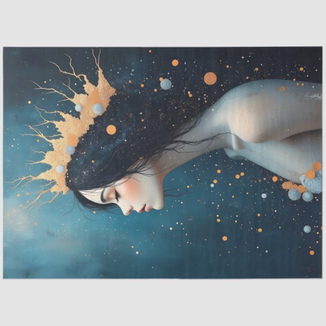 Celestial Woman Portrait Gold Crown Surreal  Tissue Paper (Front)