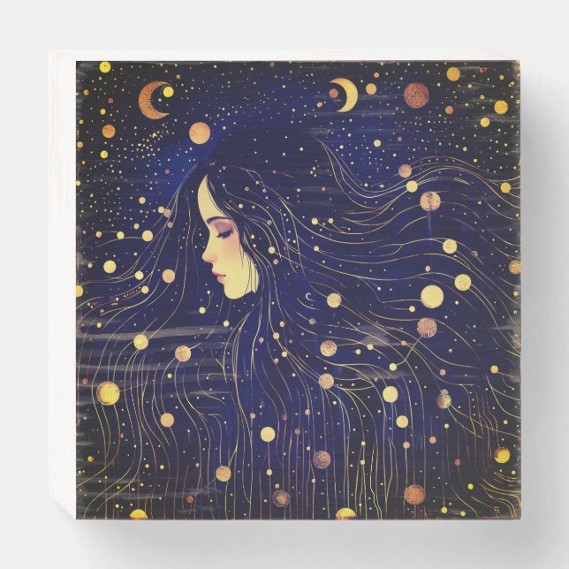 Celestial Woman Sky Goddess Moon Stars Wooden Box Sign (Front Horizontal)