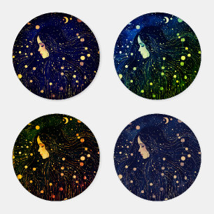 Celestial Woman Sky Goddess Stars Moon Coaster Set