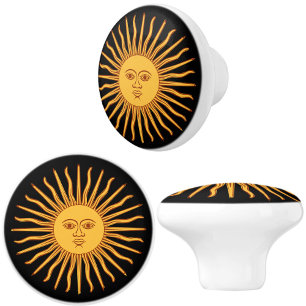 Celestial Yellow Sunshine Face on Black Elegant Ceramic Knob