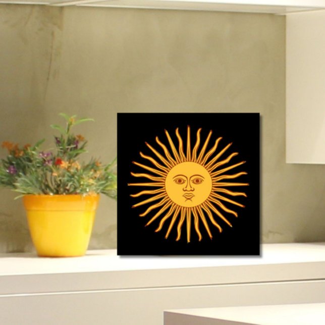 Celestial Yellow Sunshine Face on Black Stylish Ceramic Tile (Add the charm and warmth of the sun to your tiled space!)