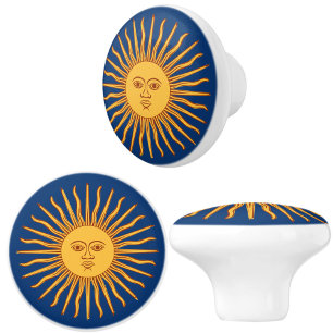 Celestial Yellow Sunshine Face on Blue Elegant Ceramic Knob