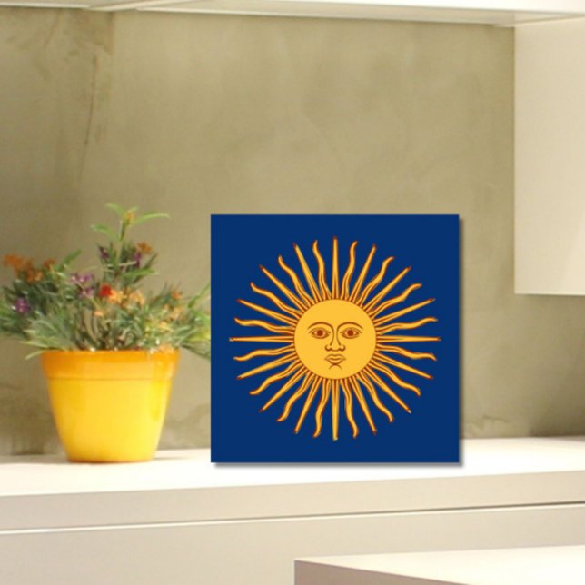 Celestial Yellow Sunshine Face on Blue Stylish Ceramic Tile (Add the charm and warmth of the sun to your tiled space!)