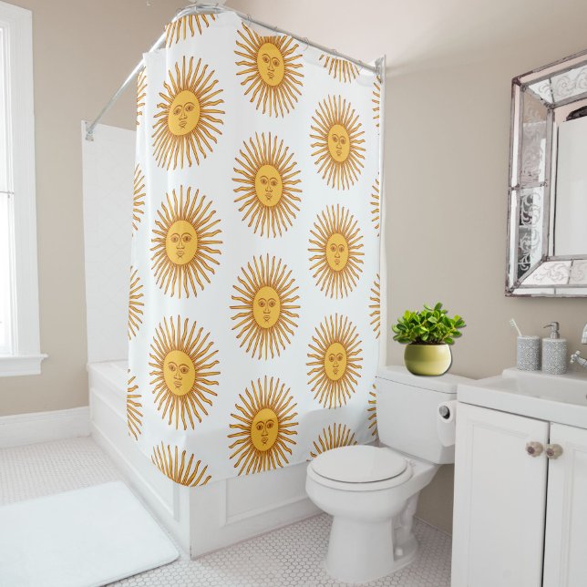 Celestial Yellow Sunshine Face on White Elegant Shower Curtain (This elegant yellow celestial sunburst shower curtain will brighten up your day!)