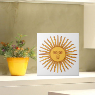 Celestial Yellow Sunshine Face on White Stylish Ceramic Tile