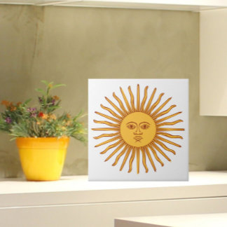 Celestial Yellow Sunshine Face on White Stylish Ceramic Tile