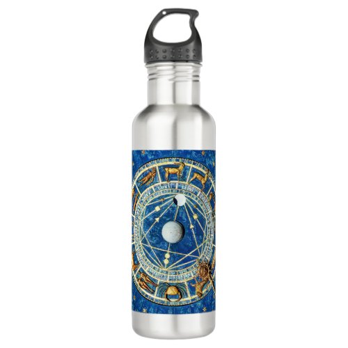 Celestial Zodiac Blue  Gold Astrology Signs Wheel Stainless Steel Water Bottle