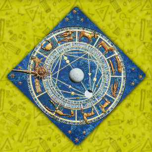 Celestial Zodiac Blue Gold Astrology Wheel Vintage Graduation Cap Topper