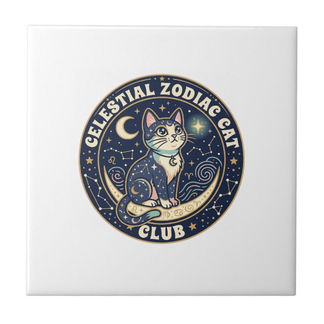 Celestial Zodiac Cat Cute Cat T-Shirt Design - Cel Ceramic Tile (Front)