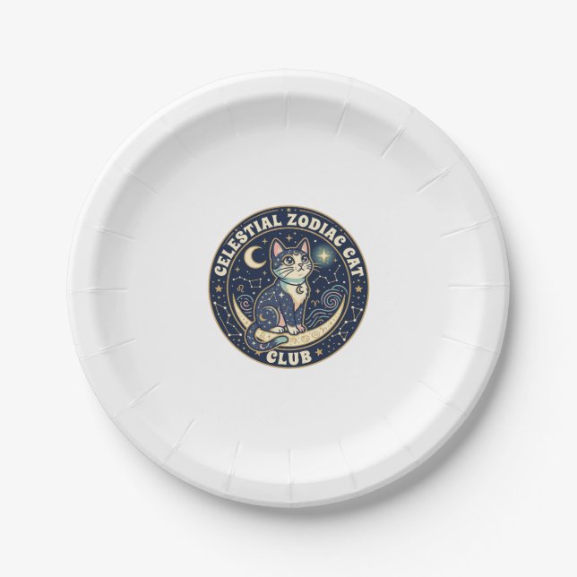 Celestial Zodiac Cat Cute Cat T-Shirt Design - Cel Paper Plates (Front)