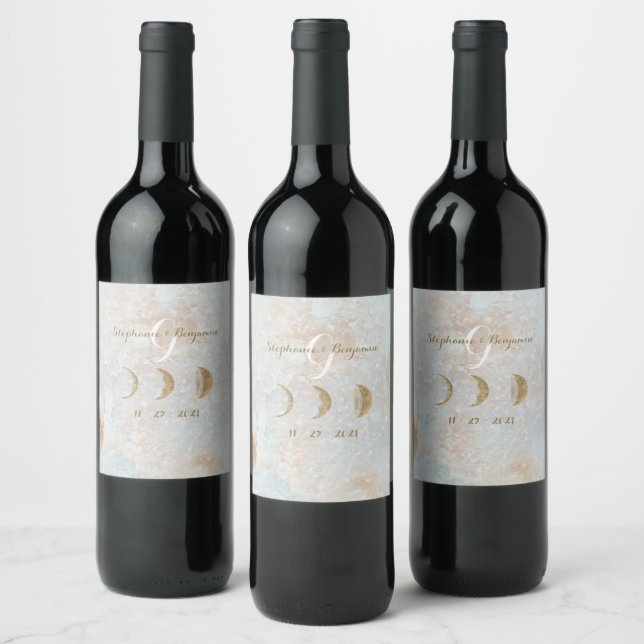 Celestial Zodiac Moon Ice Blue Gold Elegant Wine Label (Bottles)