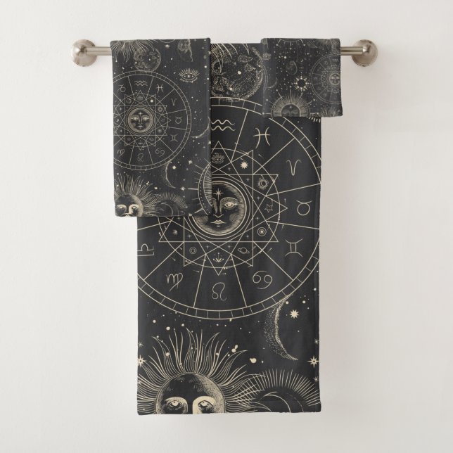 Celestial Zodiac Sun Moon Stars Pattern Bath Towel Set (Insitu)