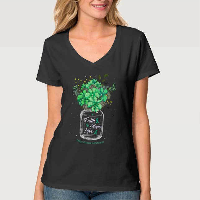 Celiac Disease Faith Love Hope Flower Jar Awarenes T-Shirt (Front)
