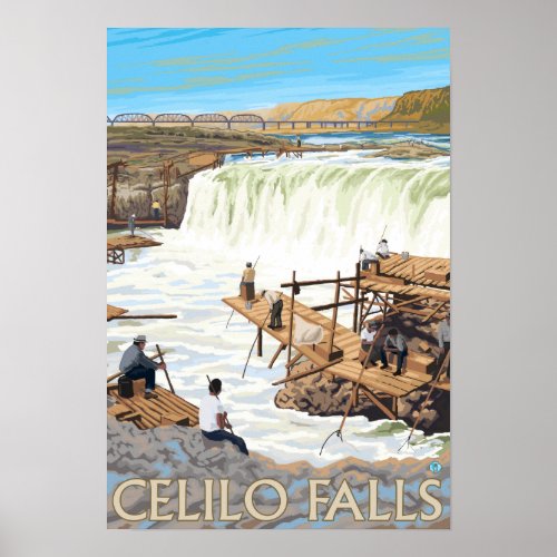 Celilo Falls Fishing Vintage Travel Poster