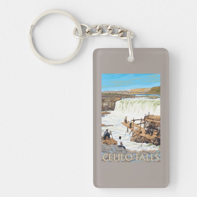 Celilo Falls Fishing Vintage Travel Poster Keychain (Front)