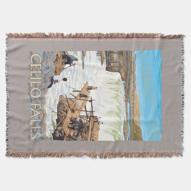 Celilo Falls Fishing Vintage Travel Poster Throw Blanket (Front)