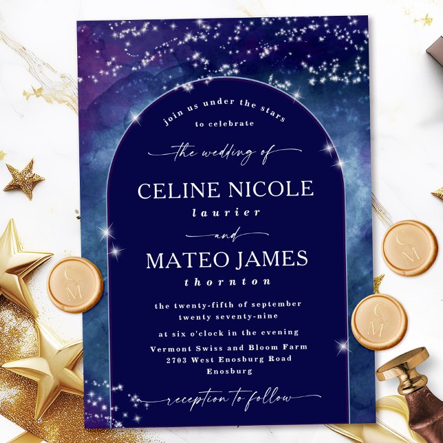 Celine • Celestial Arched Starry Night Wedding Invitation (Invite guests to celebrate under the stars with the elegant Celine celestial wedding invite.)