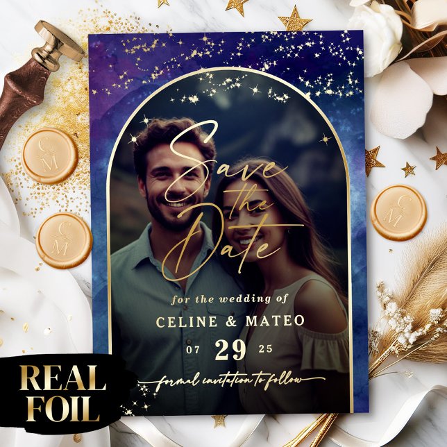 Celine • Celestial Save the Date with Real Gold Foil Invitation (Announce your big day with the Celine Save the Date, featuring real gold foil!)