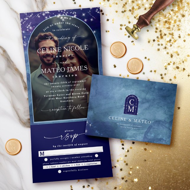 Celine • Elegant Celestial Sky Arched Custom Photo Tri-Fold Invitation (Keep it simple and elegant with the Celine trifold wedding invite.)
