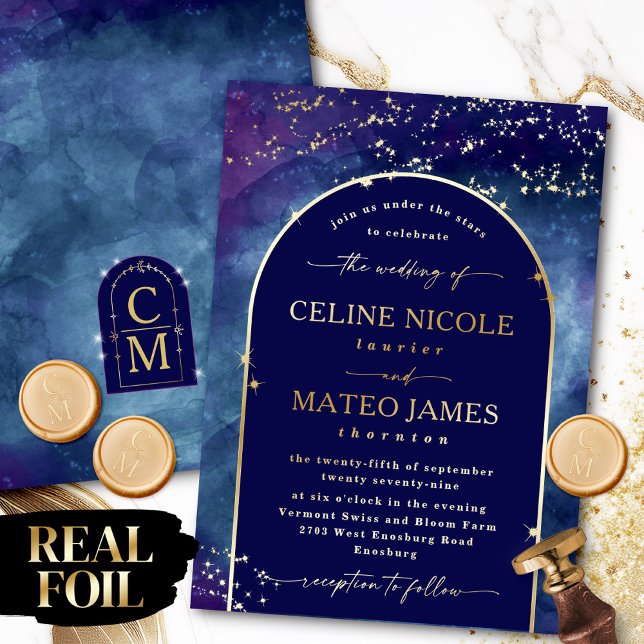 Celine • Elegant Night Sky Arch Wedding Real Gold Foil Invitation (Set the tone for a magical night wedding with this stunning "Celine" Gold Foil invitation design.)
