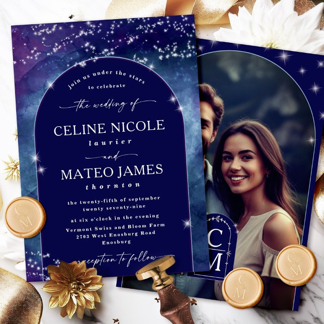 Celine • Elegant Night Sky Arched Wedding Photo Invitation (Celebrate your love story with the Celine wedding invite, featuring a custom photo.)