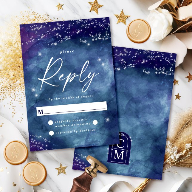 Celine • Elegant Starry Night RSVP Reply Card (Gather your guests' replies with the Celine RSVP card, featuring a celestial design and monogram.)
