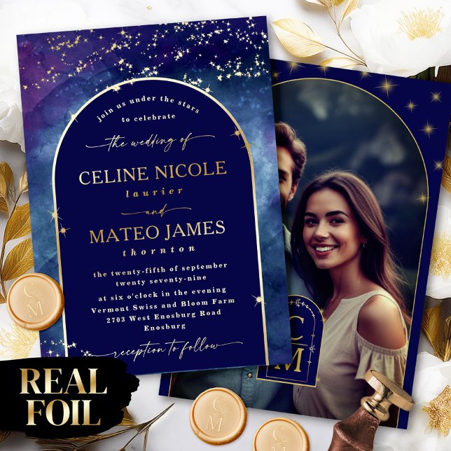 Celine • Night Sky Arched Engagement Photo Gold Foil Invitation (This custom photo invite from the Celine Wedding Suite is a blend of elegance and personalization!)