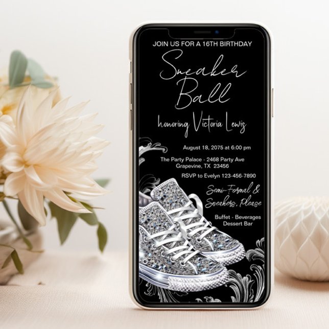 Cell Phone Diamond Sneaker Ball Birthday Party  Invitation (Smartphone sneaker ball invitation. You can change the background color, wording, font, font color.)