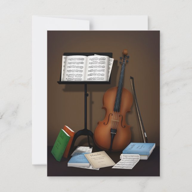 Cello Amid Music Books and Scores Classical Music Note Card (Front)