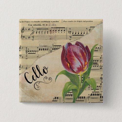 Cello Elegant Tulip Vintage Sheet Music Square Button