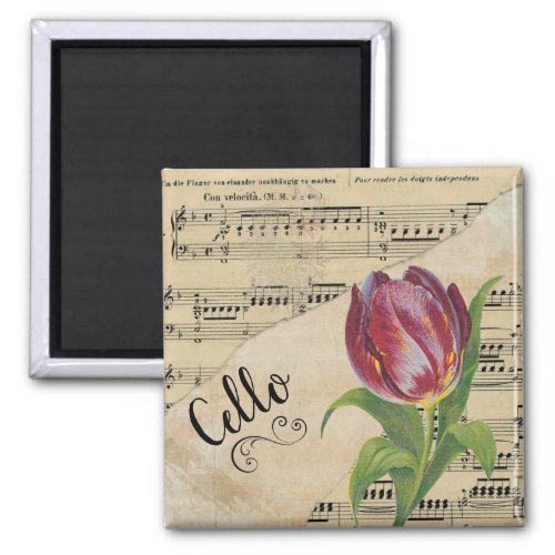 Cello Elegant Tulip Vintage Sheet Music Square Magnet
