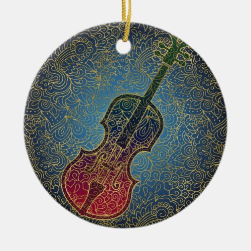 Cello Gold Filigree _ Colorful Music Ceramic Ornament