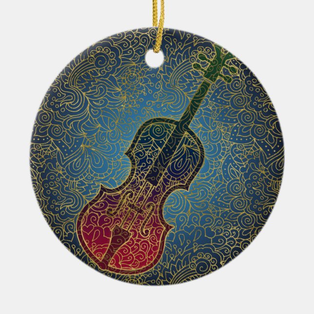 Cello Gold Filigree - Colorful Music Ceramic Ornament (Front)