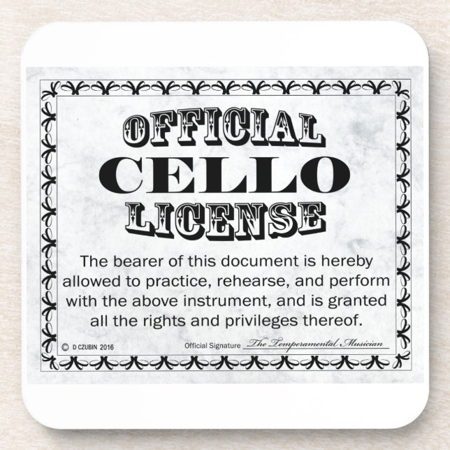 Cello License Drink Coaster (Front)