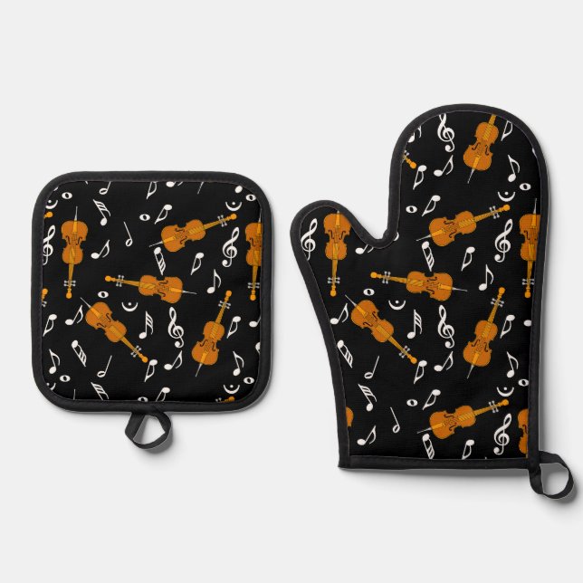 Cello Music Note Pattern Oven Mitt & Pot Holder Set (Front)