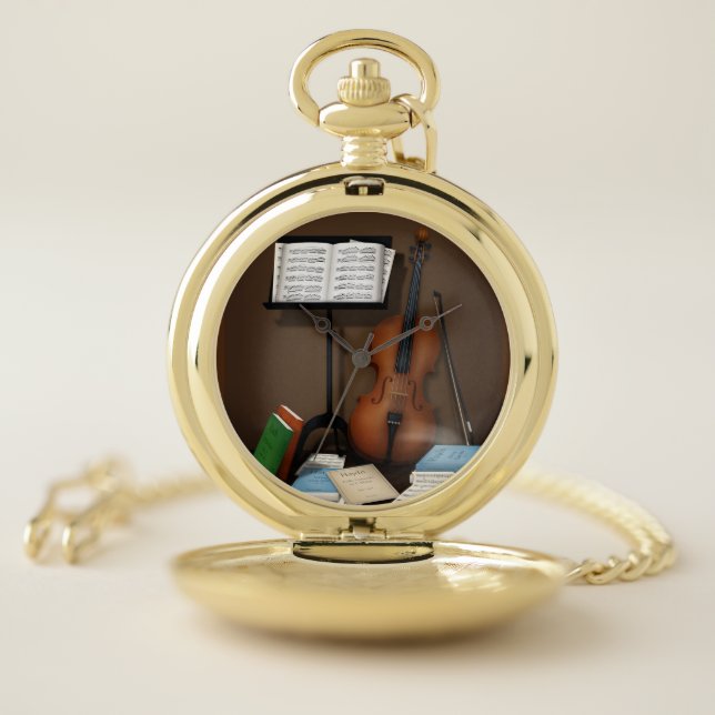 Cello & Music Stand Charming Miniature Scene Pocket Watch (Inside)