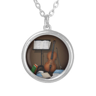 Cello & Music Stand Charming Miniature Scene Silver Plated Necklace